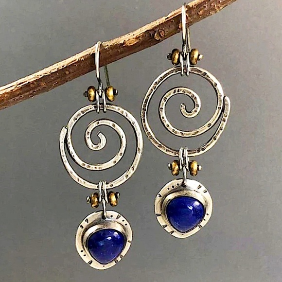 Jewelry - Boho Silver Blue Lapis Spiral Drop Earrings Vintage Style